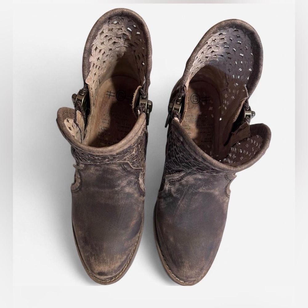Women's Brown Perforated Leather Ankle Boots with Side Zip - Picture 4 of 7
